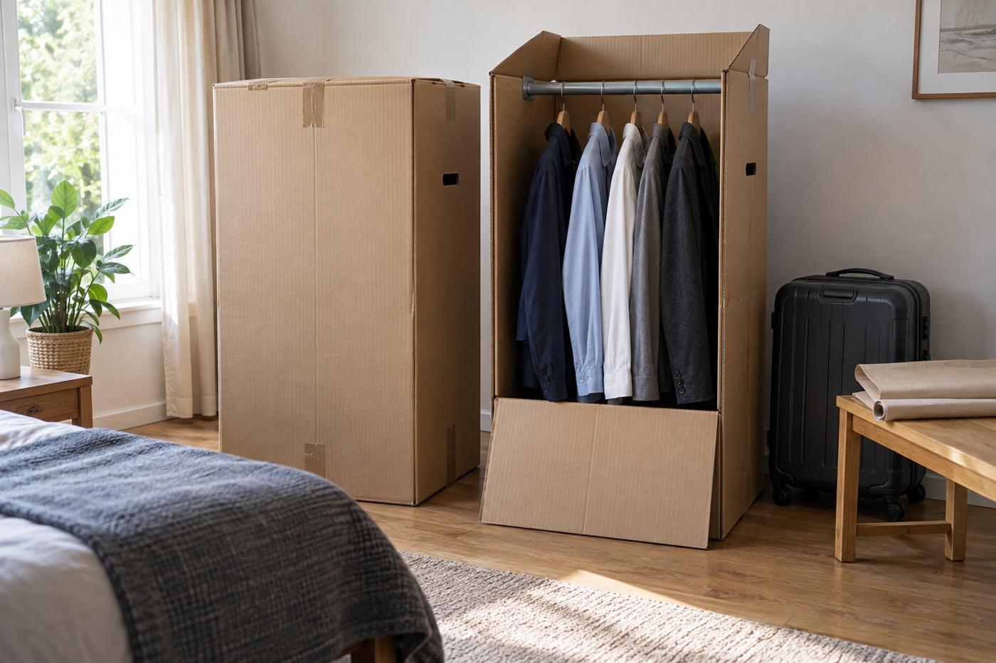 Wardrobe box with hanging rail