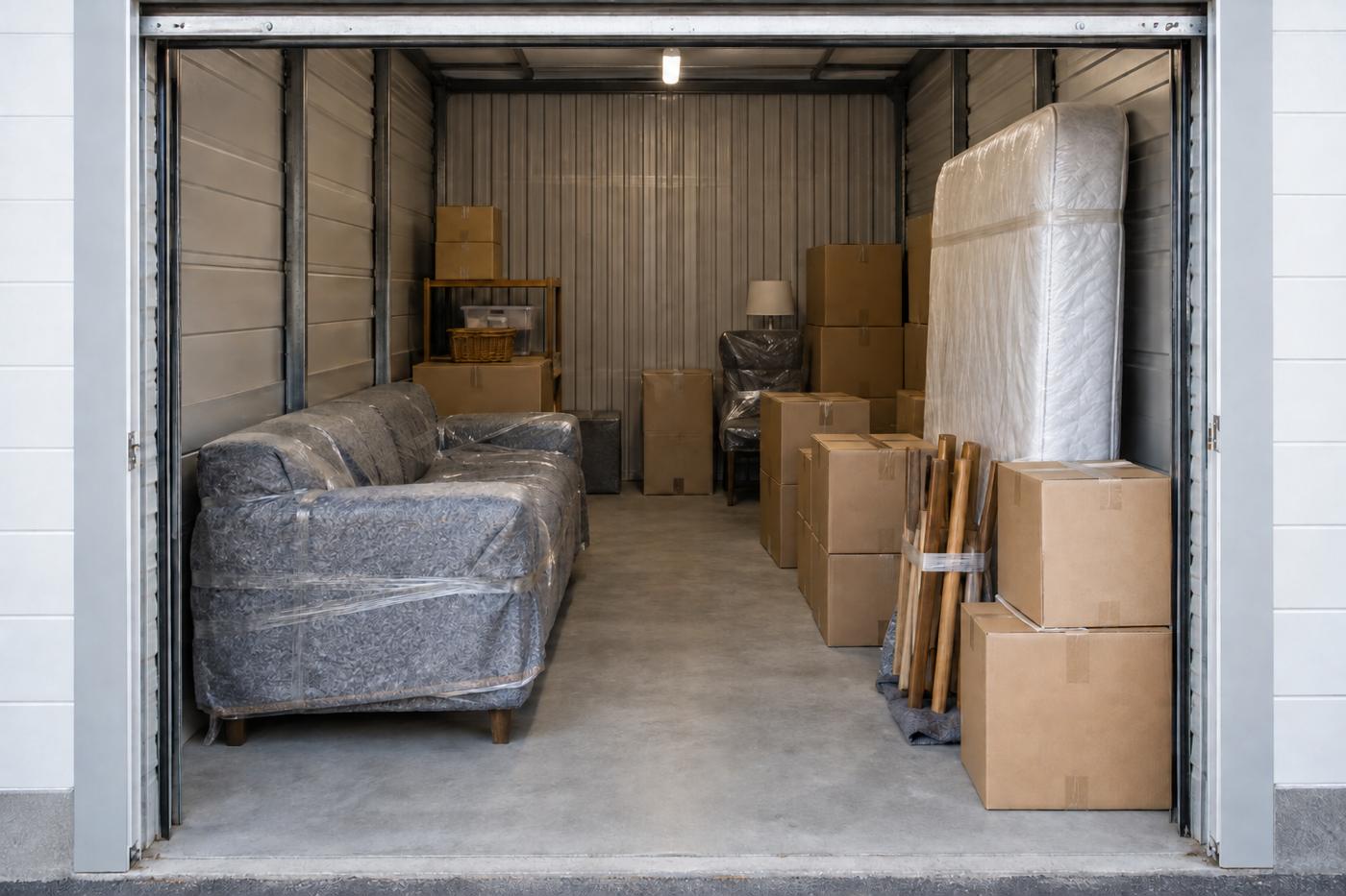 Household goods arranged inside a storage unit