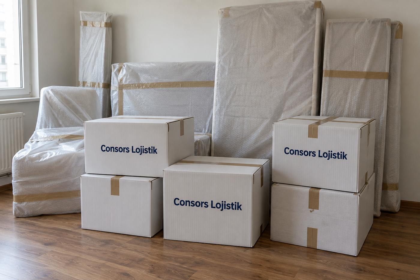 Consors-Logistik-Kartons und verpackte Möbel