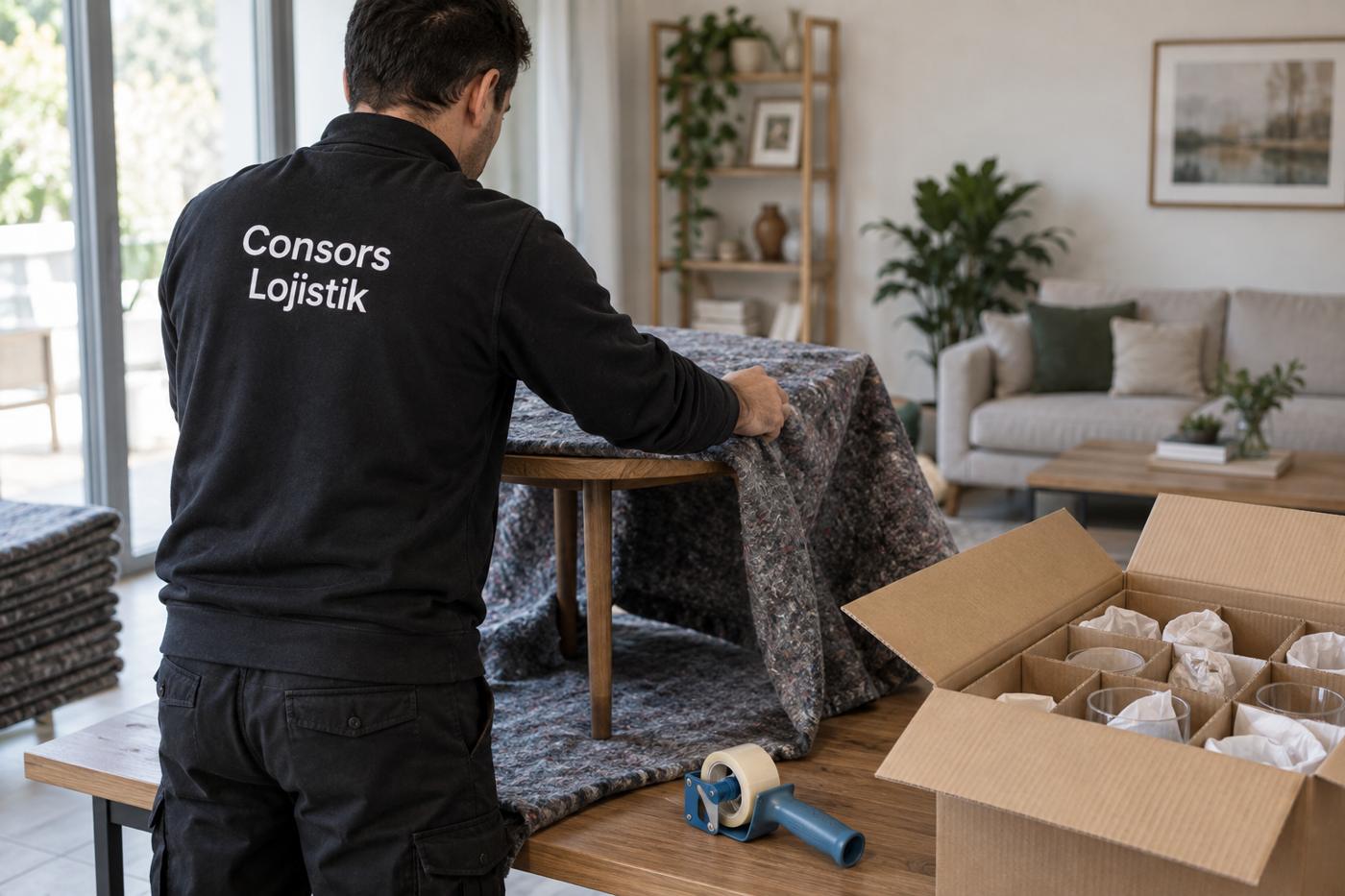 A Consors employee wrapping furniture in a protective cover