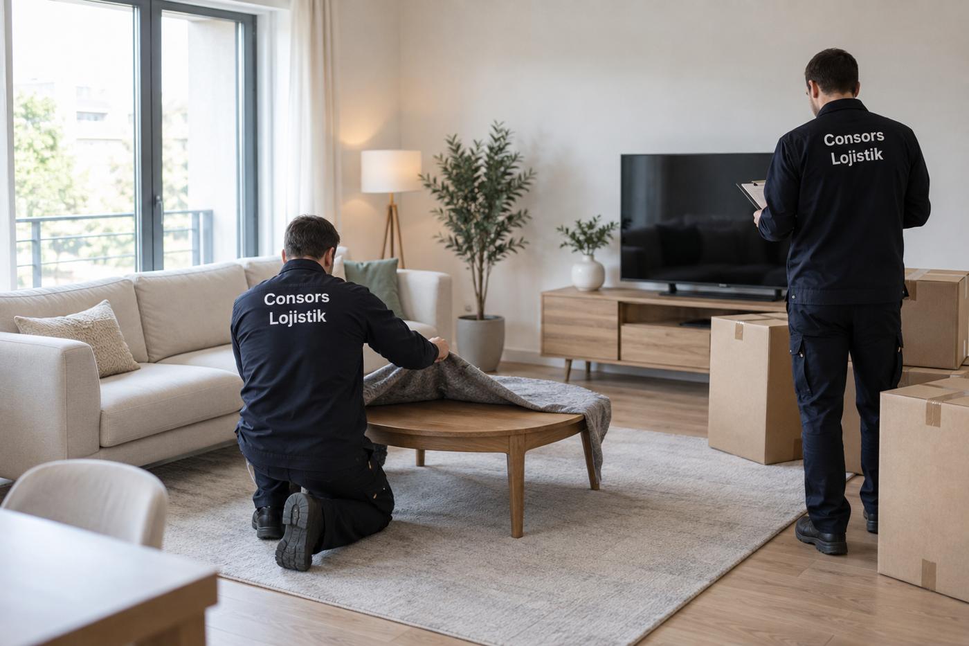 Consors crew placing furniture in a new home